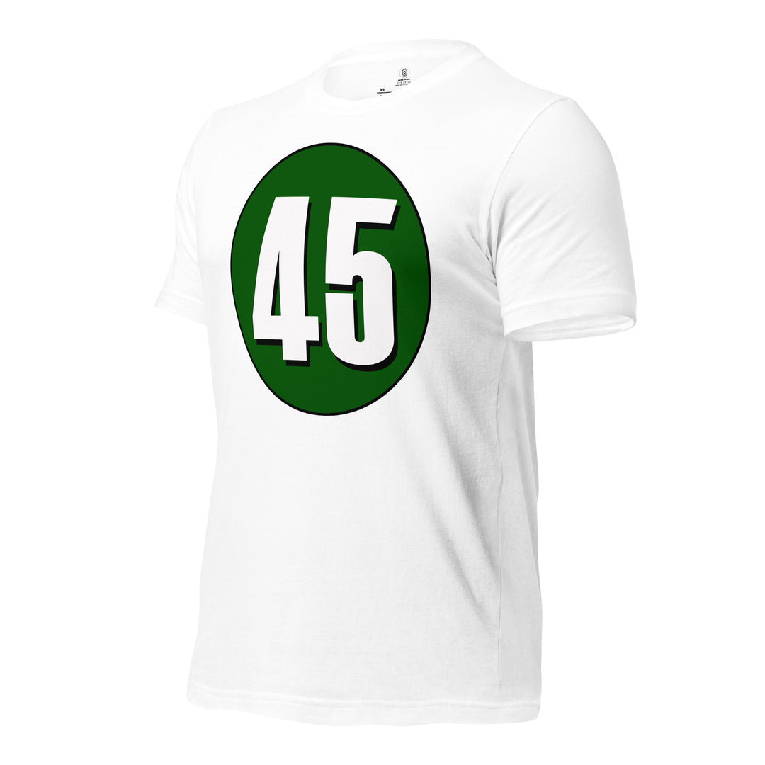 Unisex t-shirt: White on Hunter Green 45