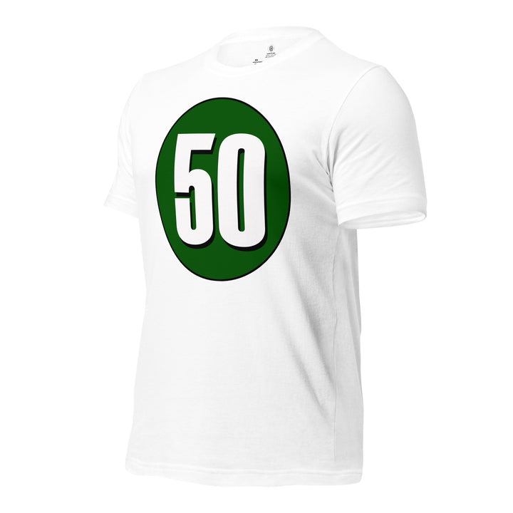 Unisex t-shirt: White on Hunter Green 50