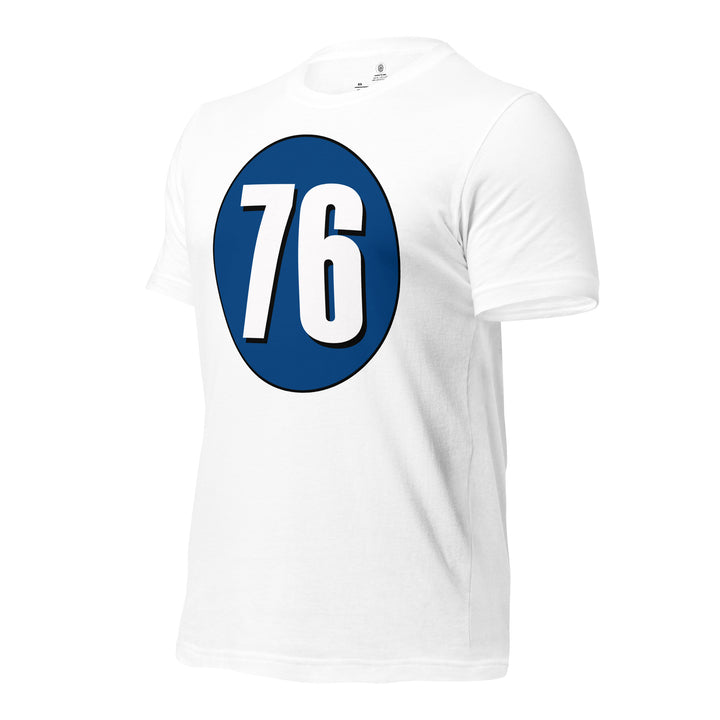 Unisex t-shirt: White on Navy Blue 76