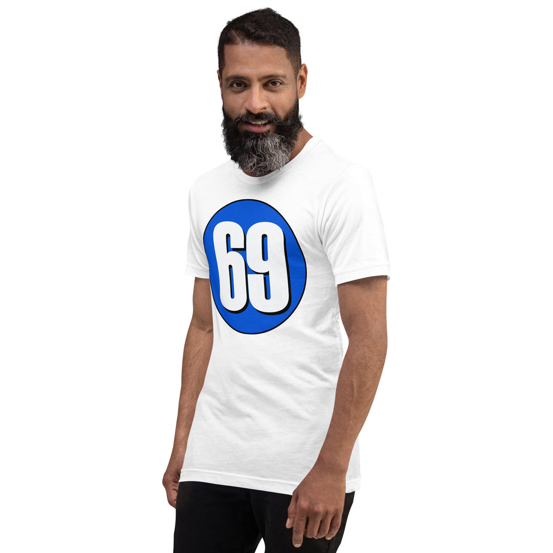 Unisex t-shirt: White on Periwinkle 69