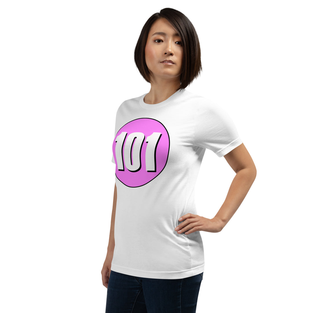 Unisex t-shirt: White on Pink 101