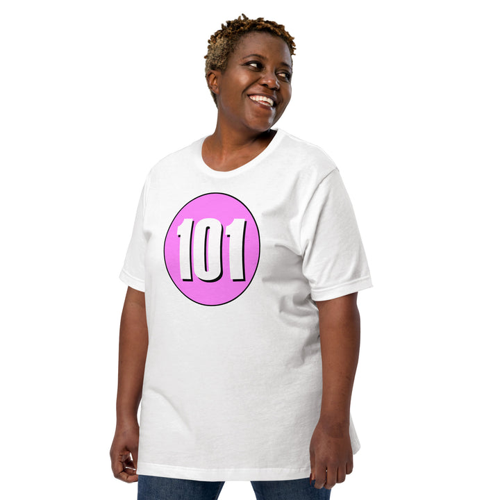 Unisex t-shirt: White on Pink 101