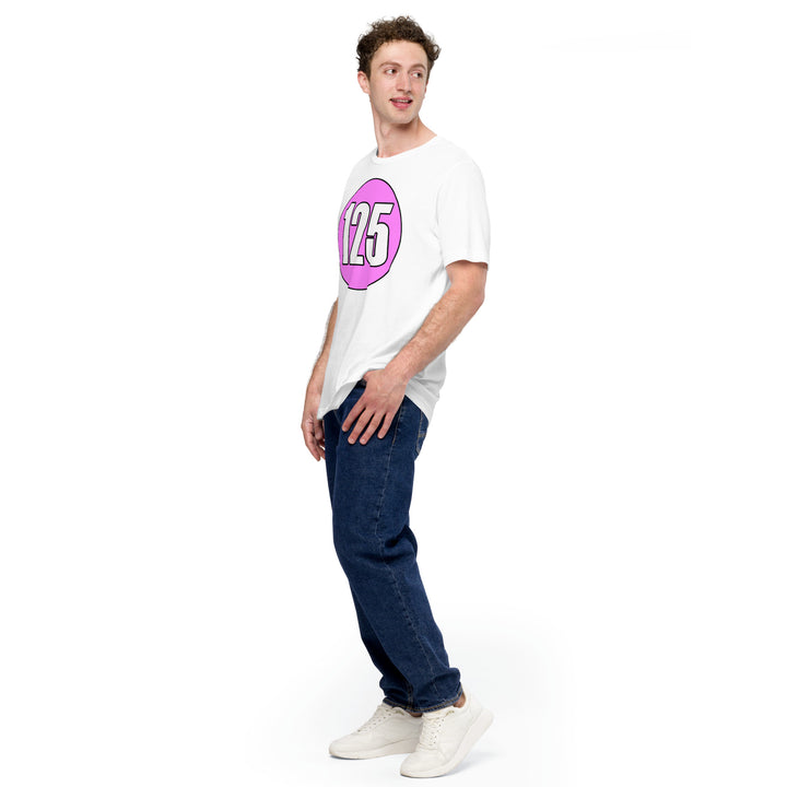 Unisex t-shirt: White on Pink 125