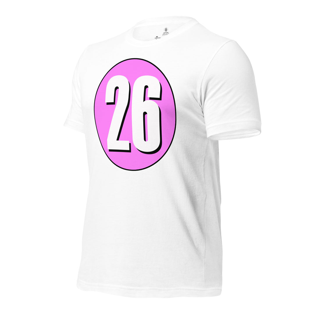 Unisex t-shirt: White on Pink 26