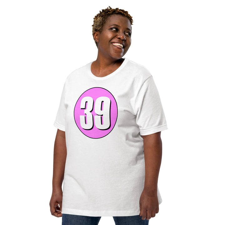 Unisex t-shirt: White on Pink 39