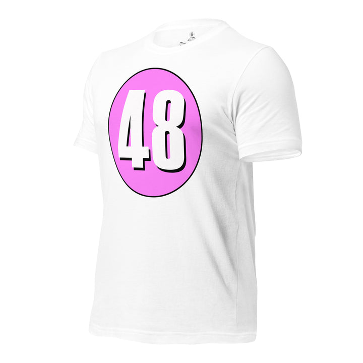 Unisex t-shirt: White on Pink 48