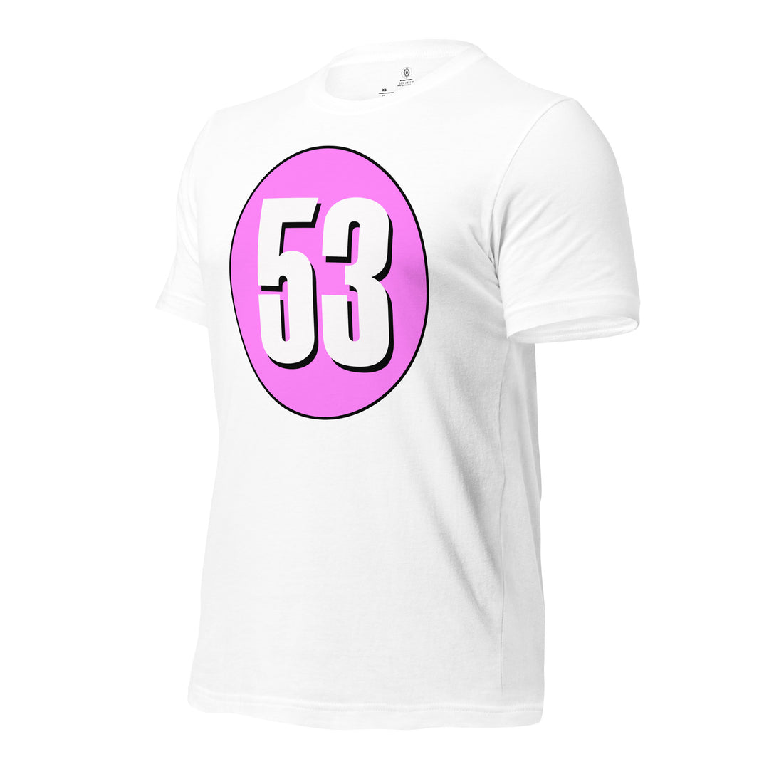 Unisex t-shirt: White on Pink 53