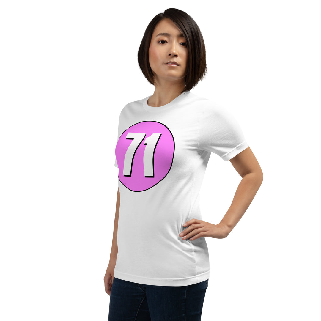 Unisex t-shirt: White on Pink 71