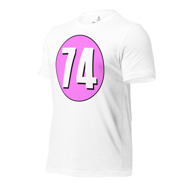 Unisex t-shirt: White on Pink 74