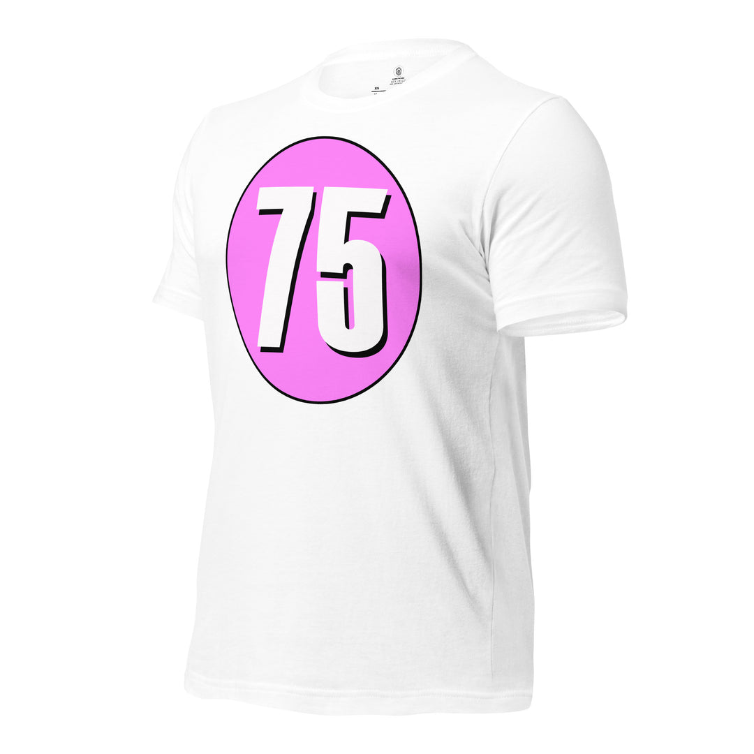 Unisex t-shirt: White on Pink 75