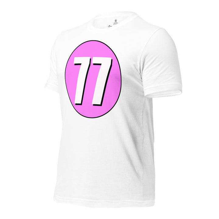 Unisex t-shirt: White on Pink 77