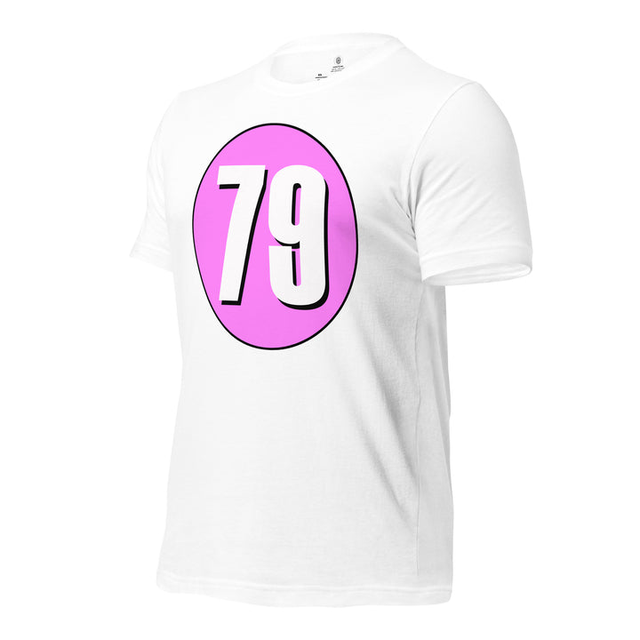 Unisex t-shirt: White on Pink 79