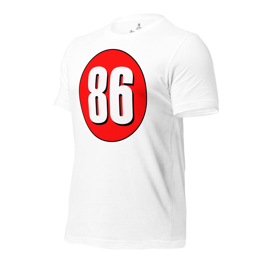 Unisex t-shirt: White on Red 86