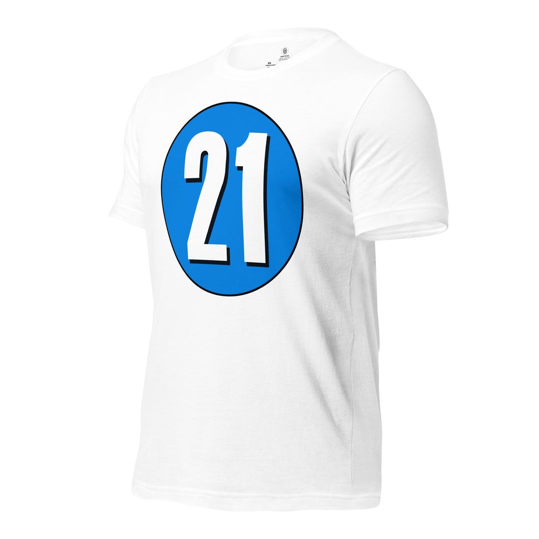 Unisex t-shirt: White on Blue 21