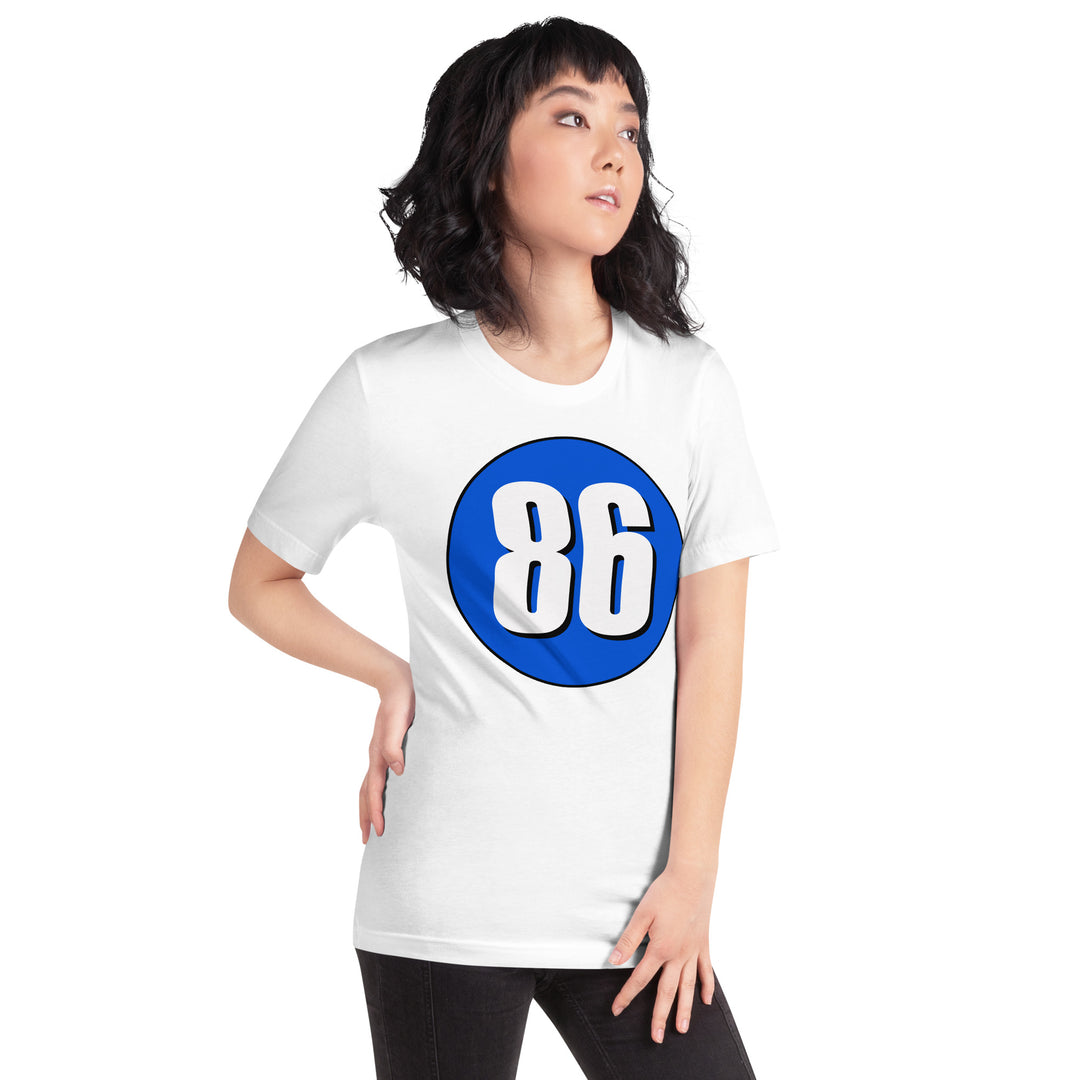 Unisex t-shirt: White on Periwinkle 86