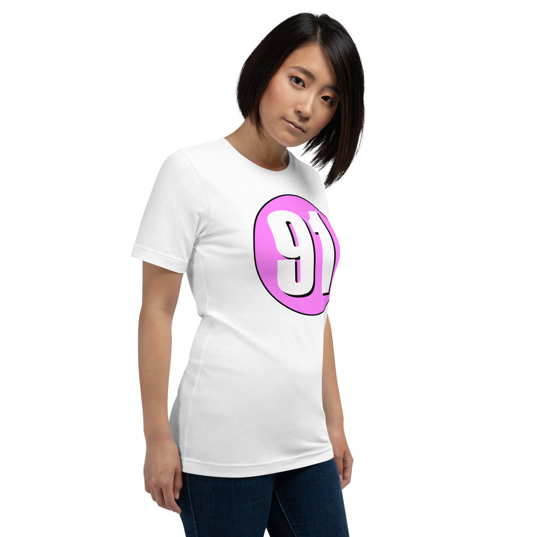 Unisex t-shirt: White on Pink 91