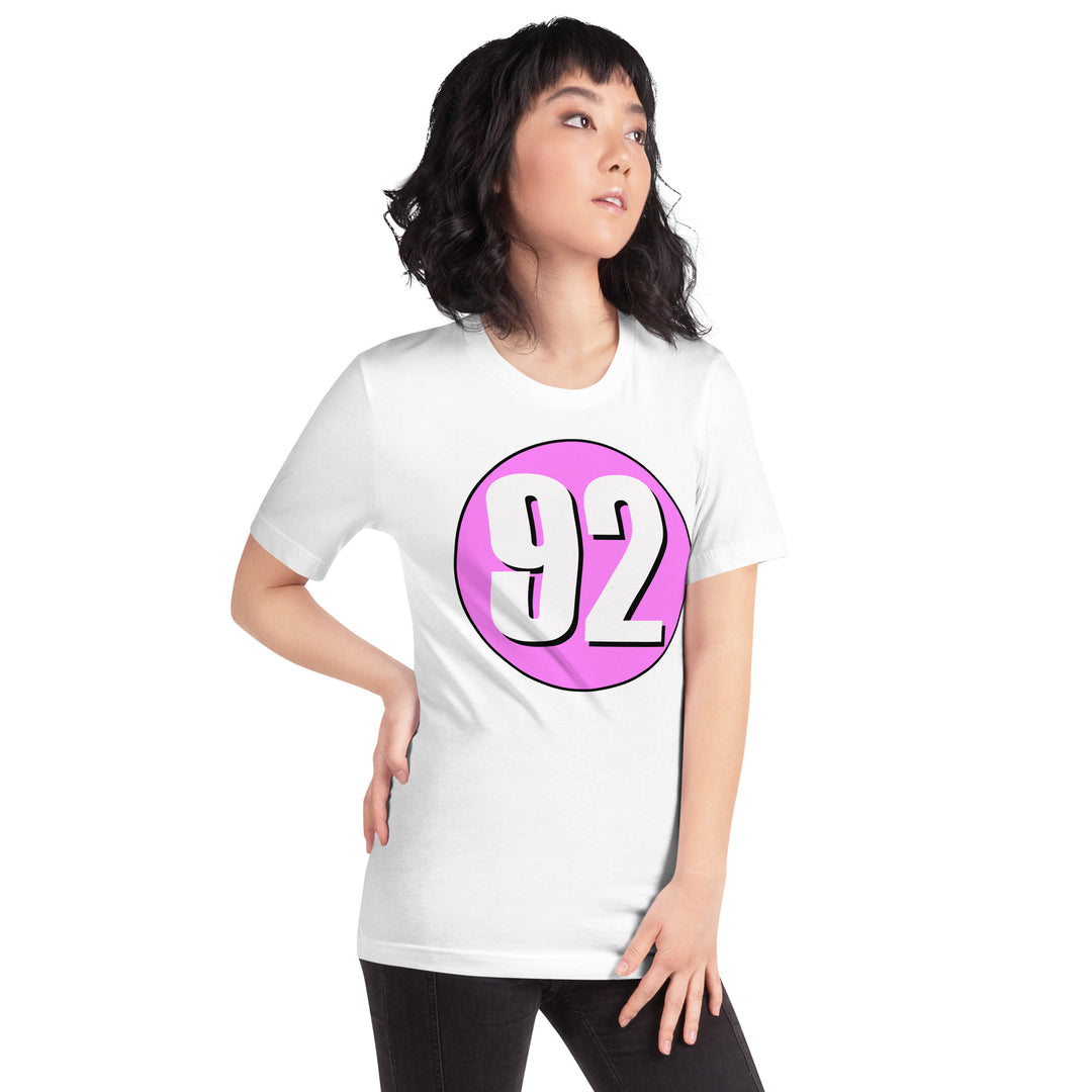 Unisex t-shirt: White on Pink 92