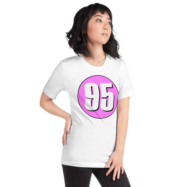 Unisex t-shirt: White on Pink 95