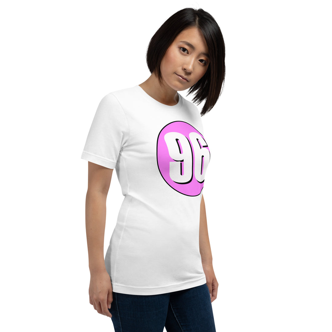 Unisex t-shirt: White on Pink 96