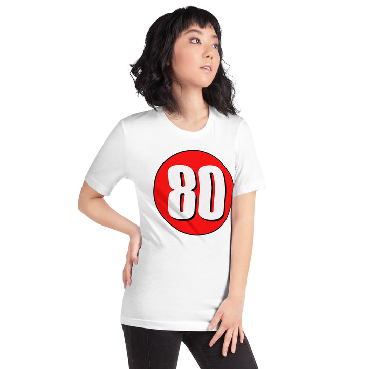 Unisex t-shirt: White on Red 80