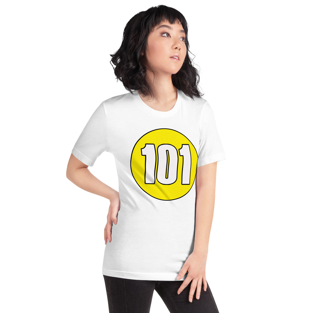 Unisex t-shirt: White on Yellow 101