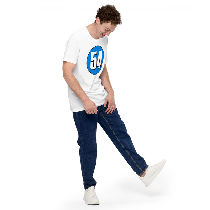 Unisex t-shirt: White on Blue 54