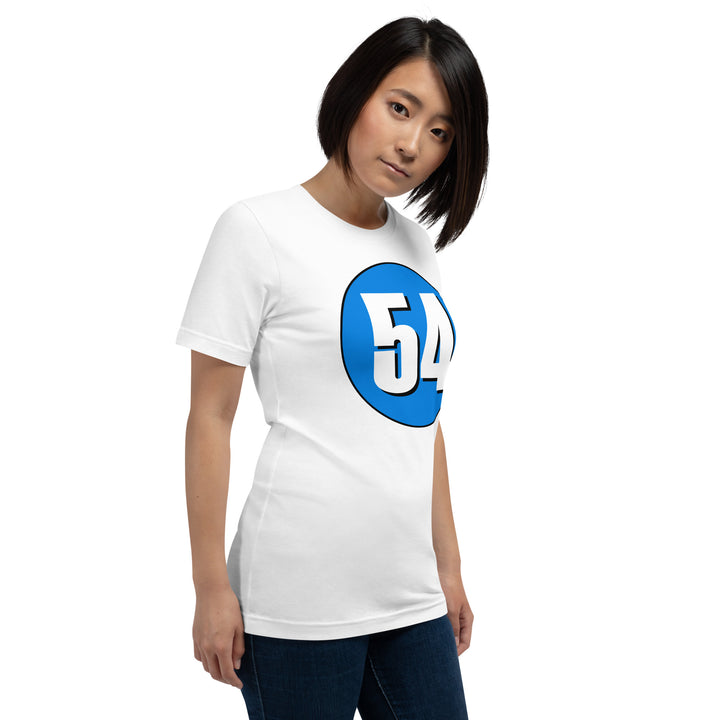 Unisex t-shirt: White on Blue 54