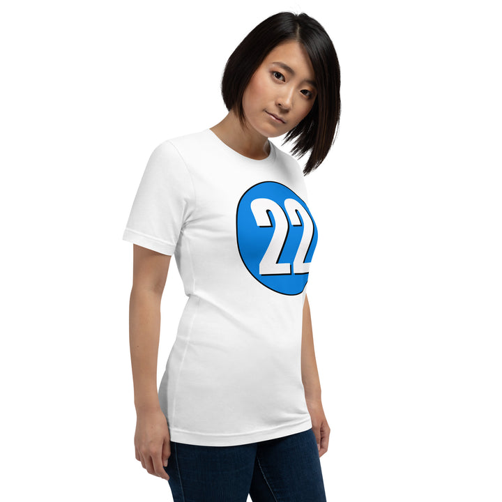 Unisex t-shirt: White on Blue 22