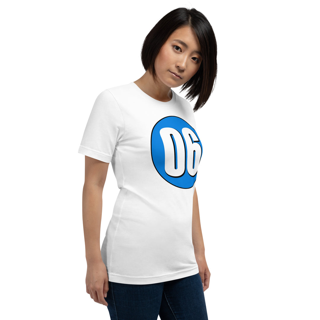 Unisex t-shirt: White on Blue 06