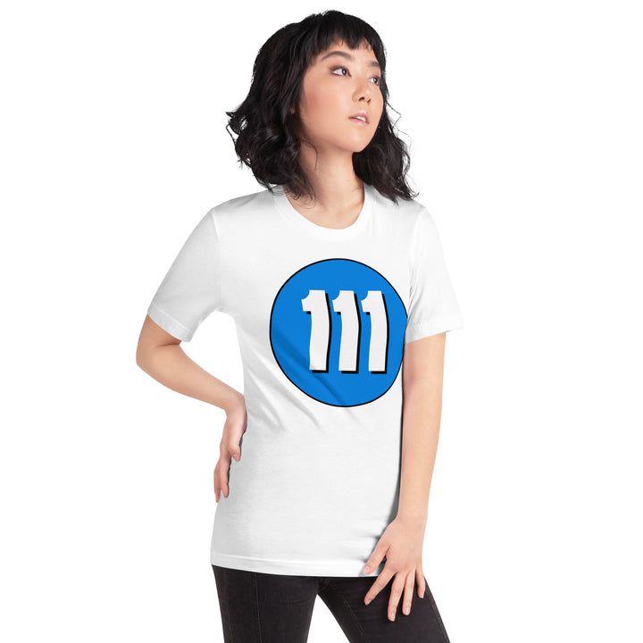 Unisex t-shirt: White on Blue 111