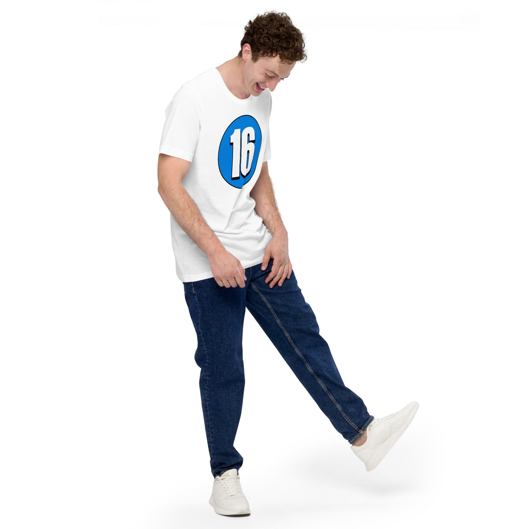 Unisex t-shirt: White on Blue 16