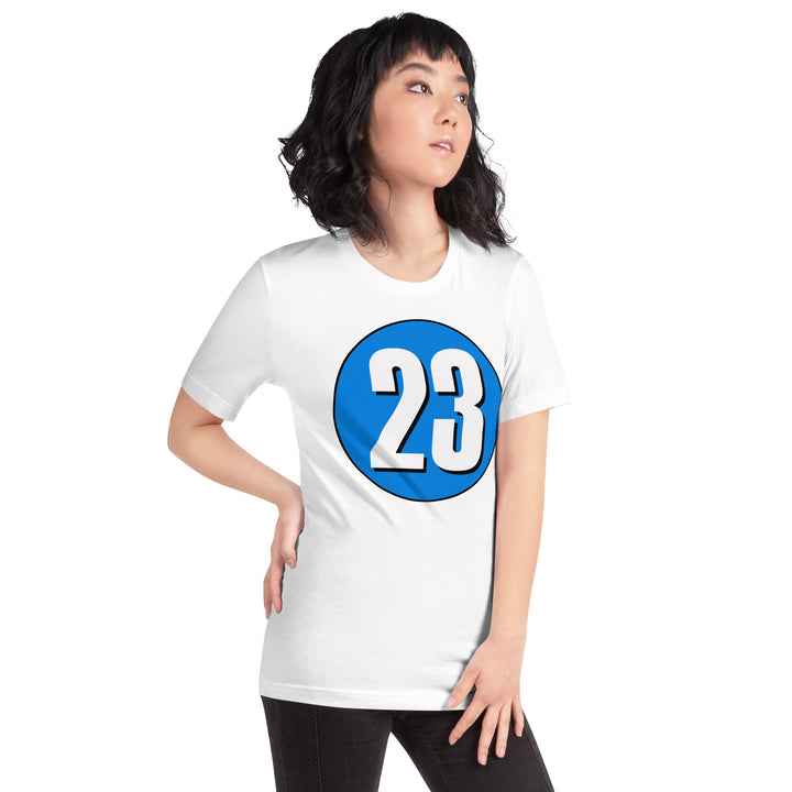 Unisex t-shirt: White on Blue 23