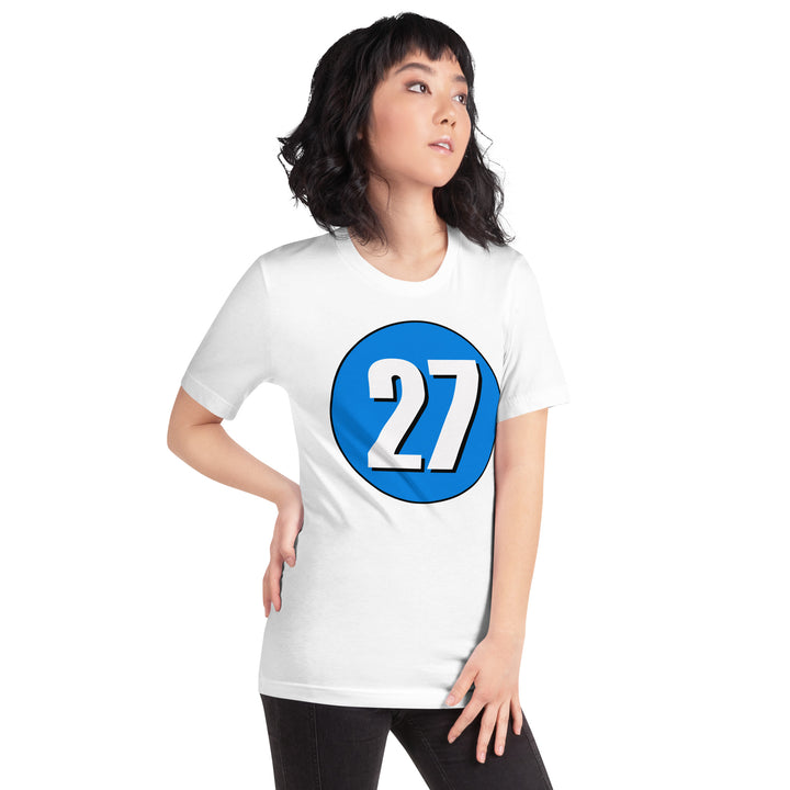 Unisex t-shirt: White on Blue 27