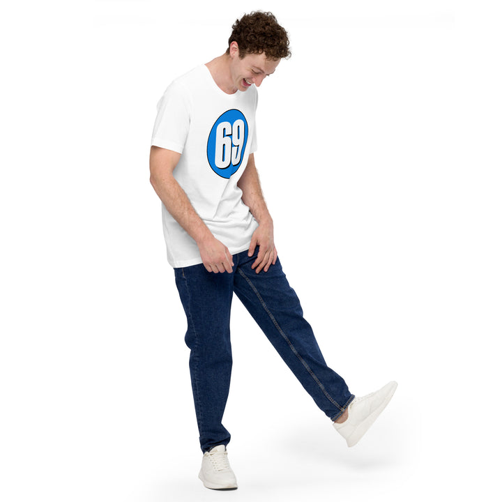 Unisex t-shirt: White on Blue 69