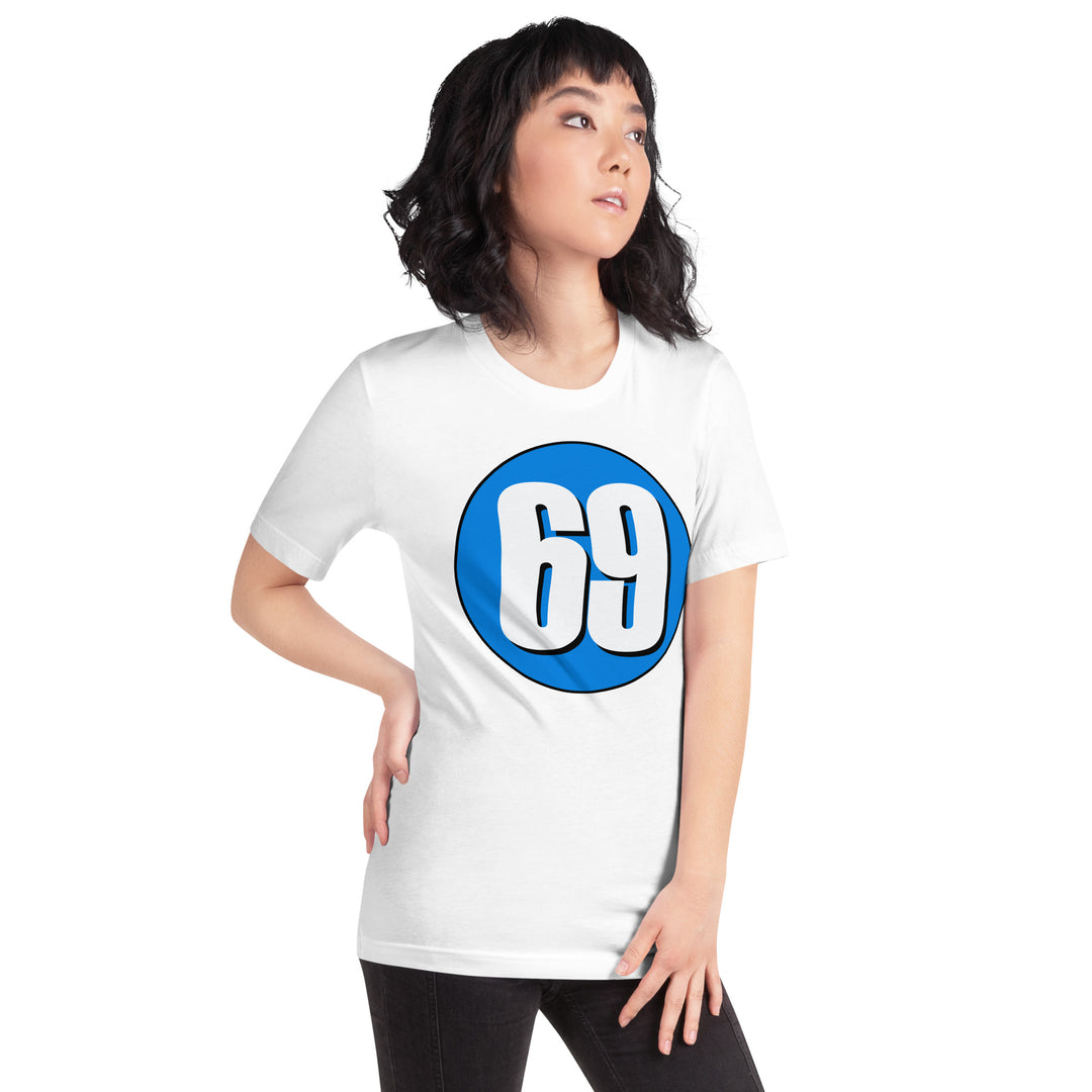 Unisex t-shirt: White on Blue 69