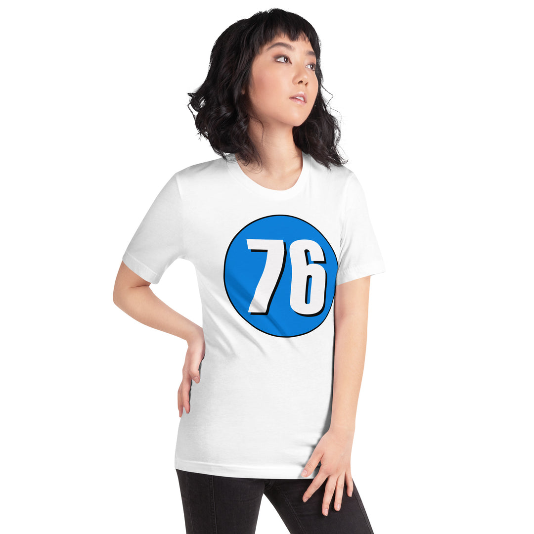 Unisex t-shirt: White on Blue 76