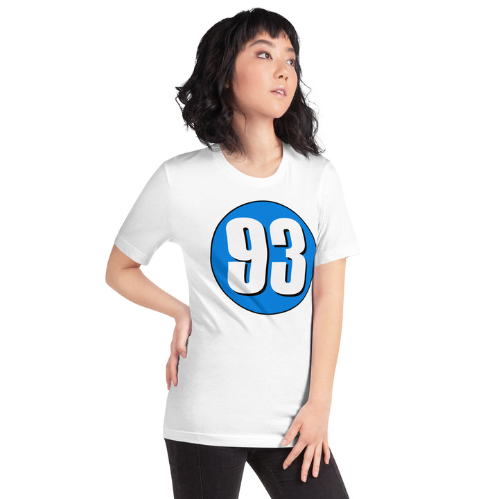 Unisex t-shirt: White on Blue 93