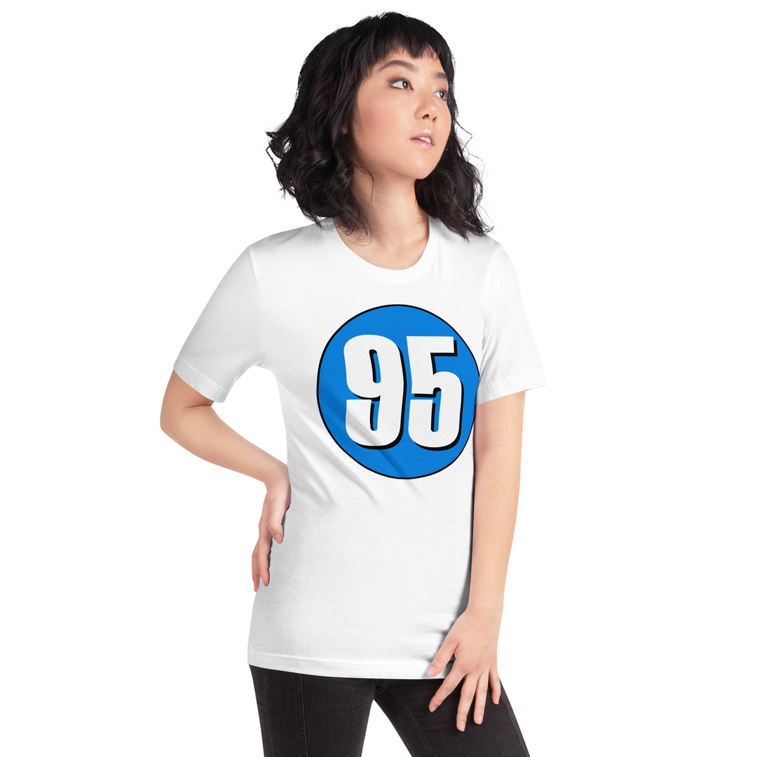 Unisex t-shirt: White on Blue 95