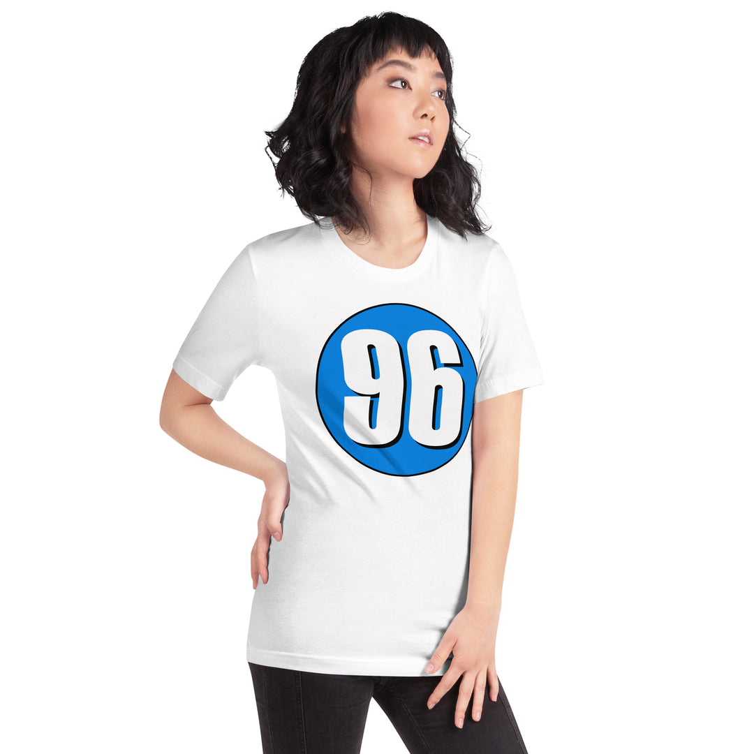 Unisex t-shirt: White on Blue 96