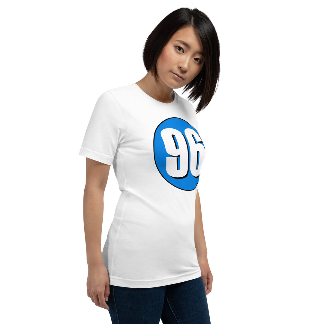 Unisex t-shirt: White on Blue 96