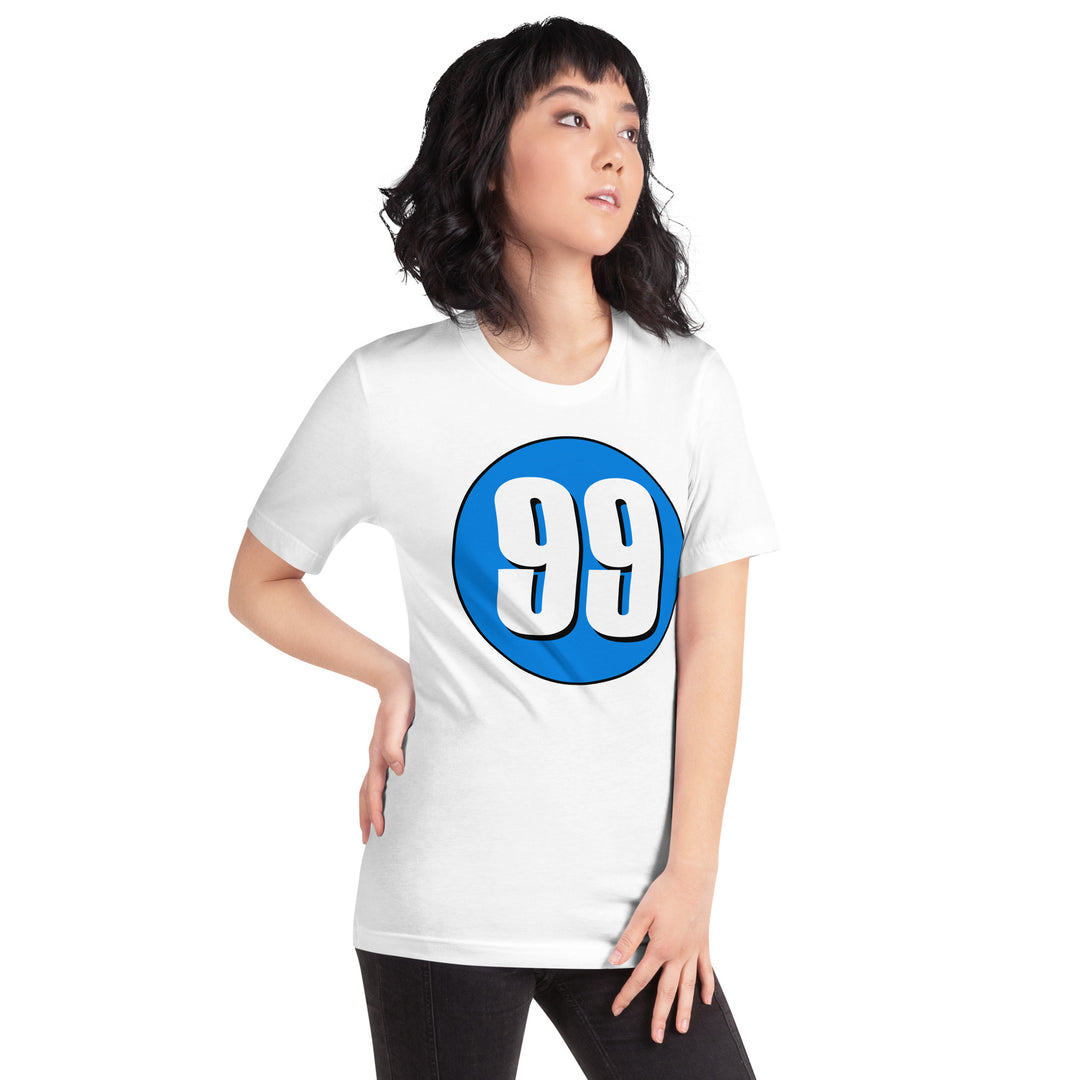 Unisex t-shirt: White on Blue 99