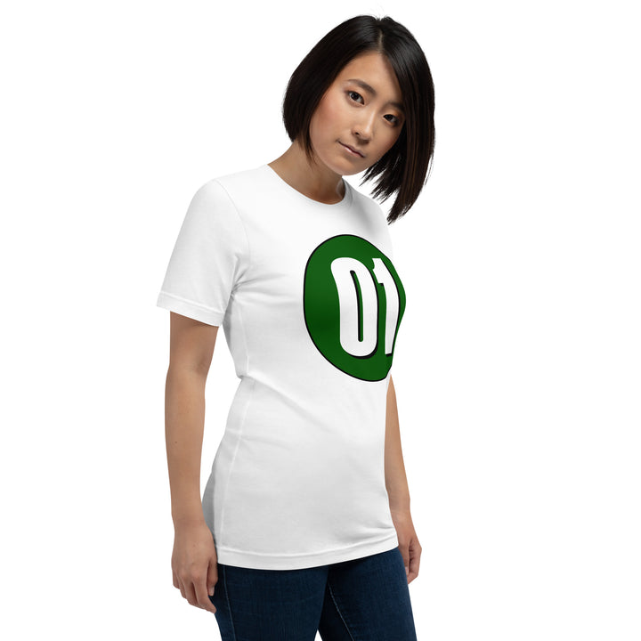 Unisex t-shirt: White on Hunter Green 01