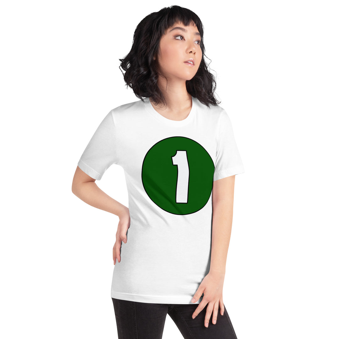 Unisex t-shirt: White on Hunter Green 1