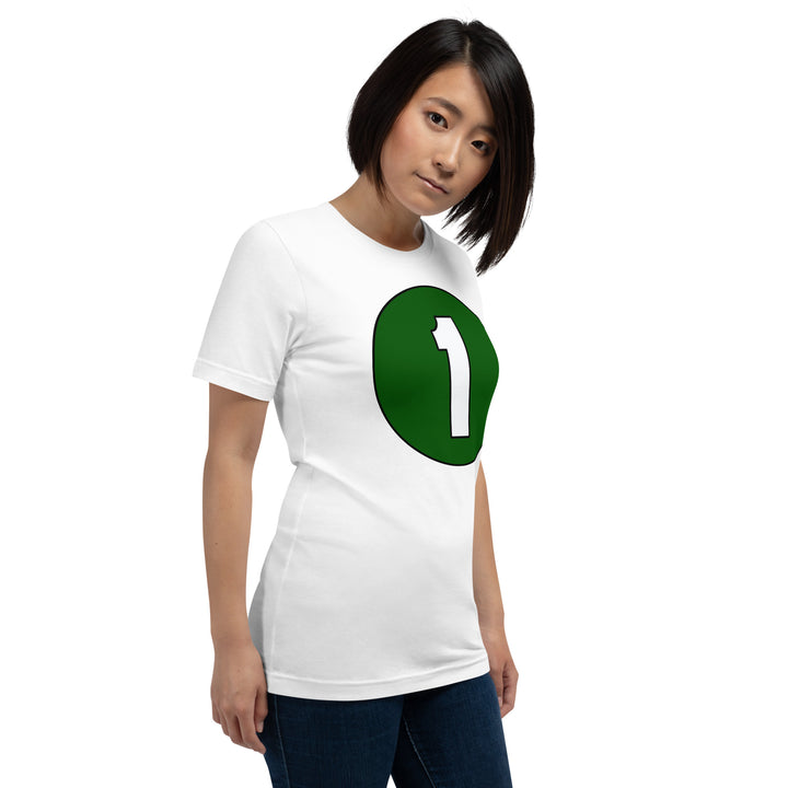 Unisex t-shirt: White on Hunter Green 1