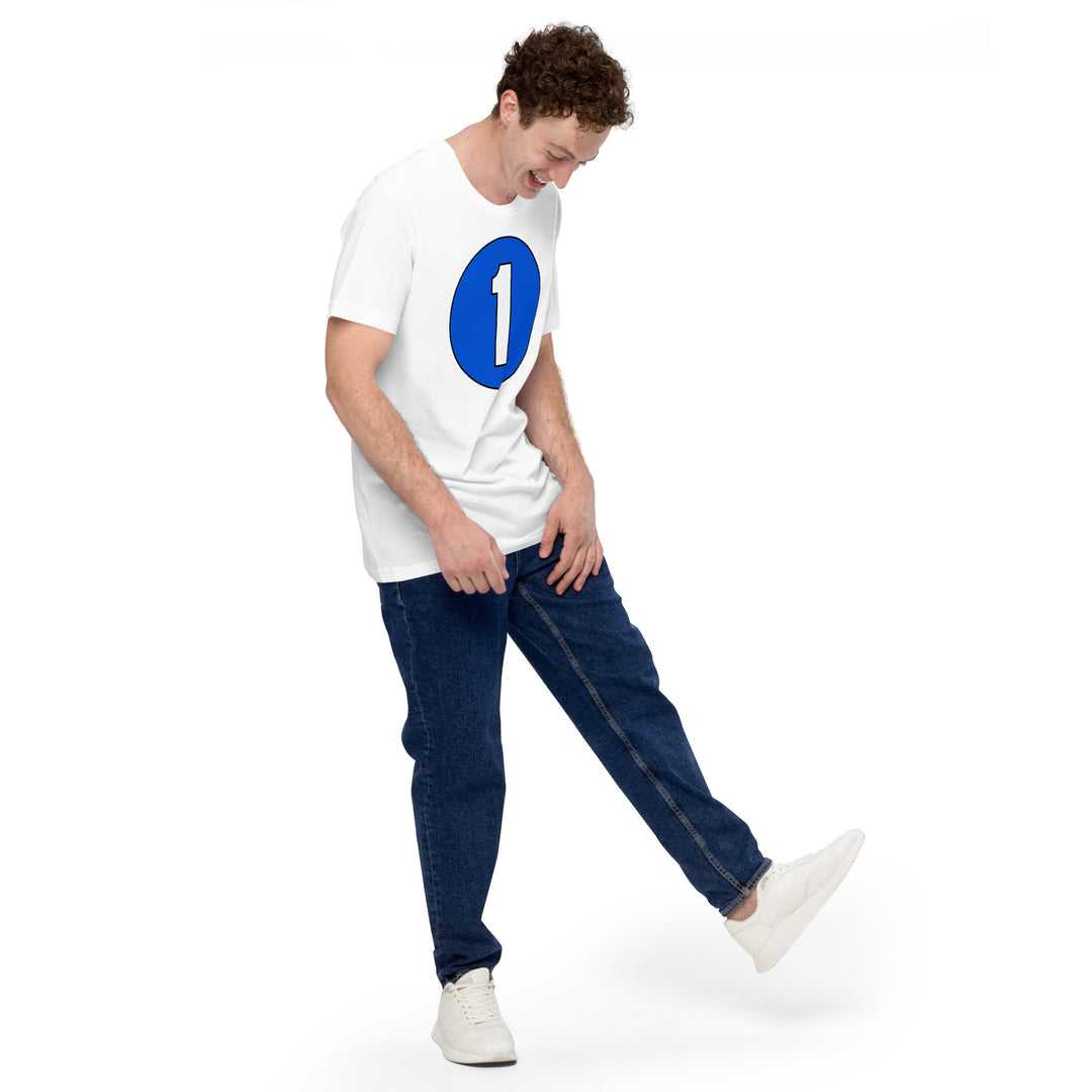 Unisex t-shirt: White on Periwinkle 1