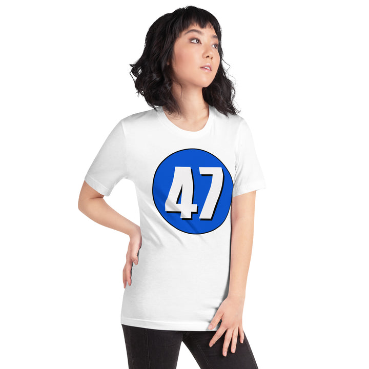 Unisex t-shirt: White on Periwinkle 47