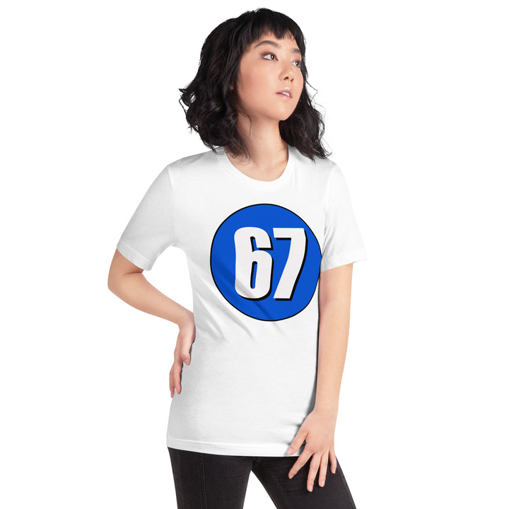 Unisex t-shirt: White on Periwinkle 67