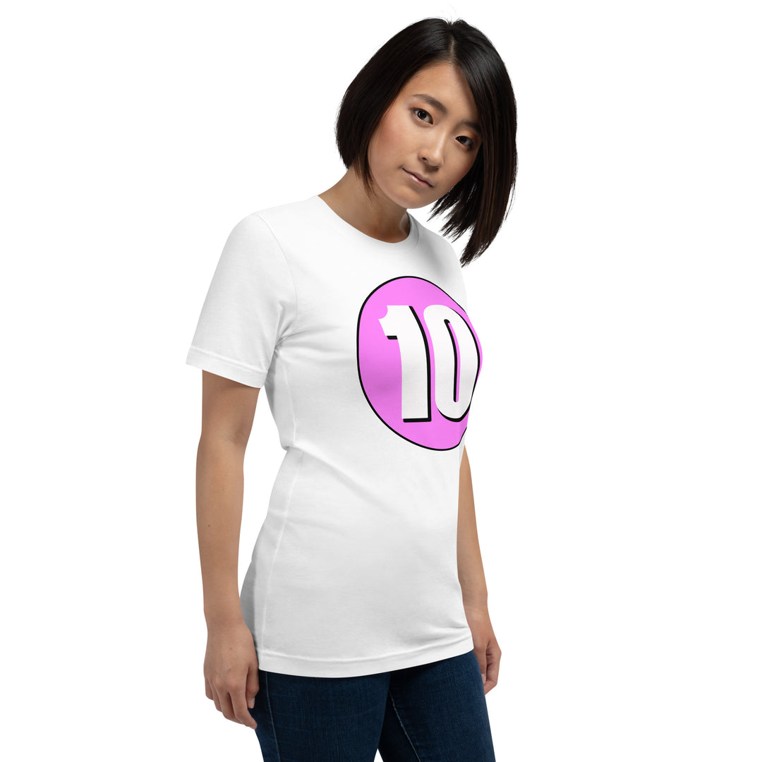 Unisex t-shirt: White on Pink 10