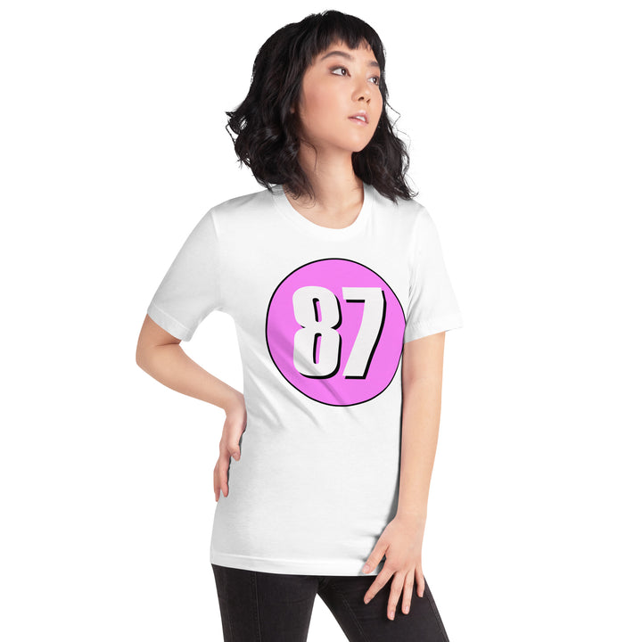 Unisex t-shirt: White on Pink 87