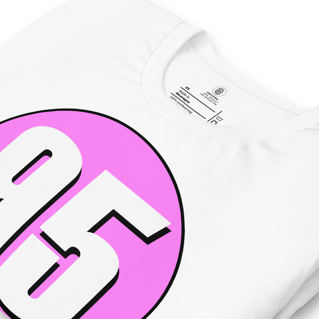 Unisex t-shirt: White on Pink 95